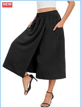 Wide Leg Capri Pants High Waist Culottes with Pockets Flowy Loose Fit